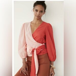 Farm Rio Colorblock Red Pink Wrap Top L